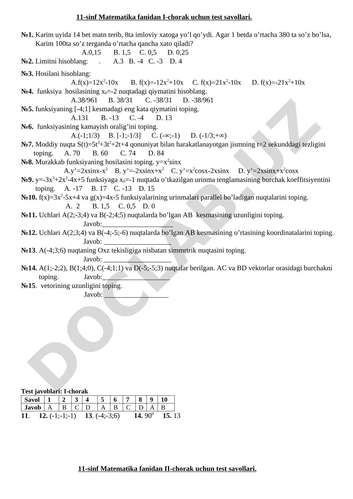 11-sinf Matematika fanidan I-chorak uchun test savollari