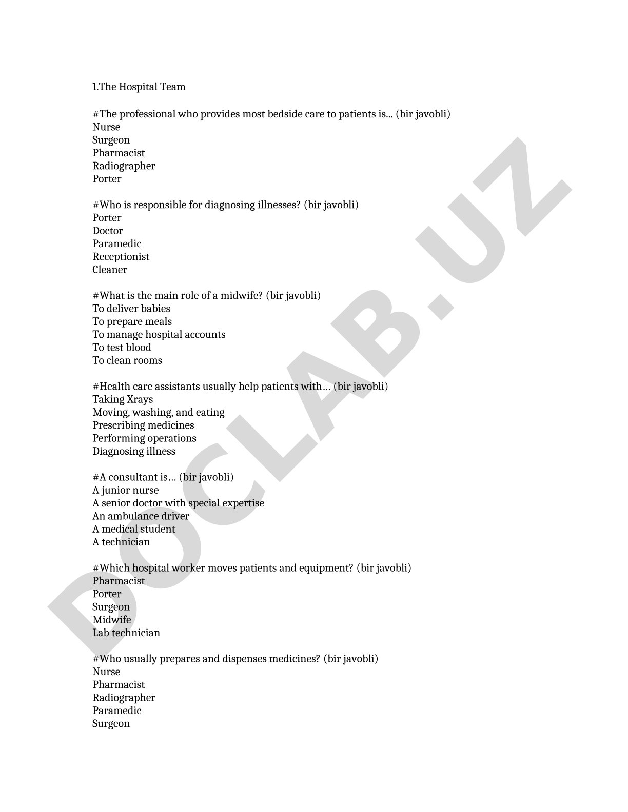 Hospital Team Roles Quiz