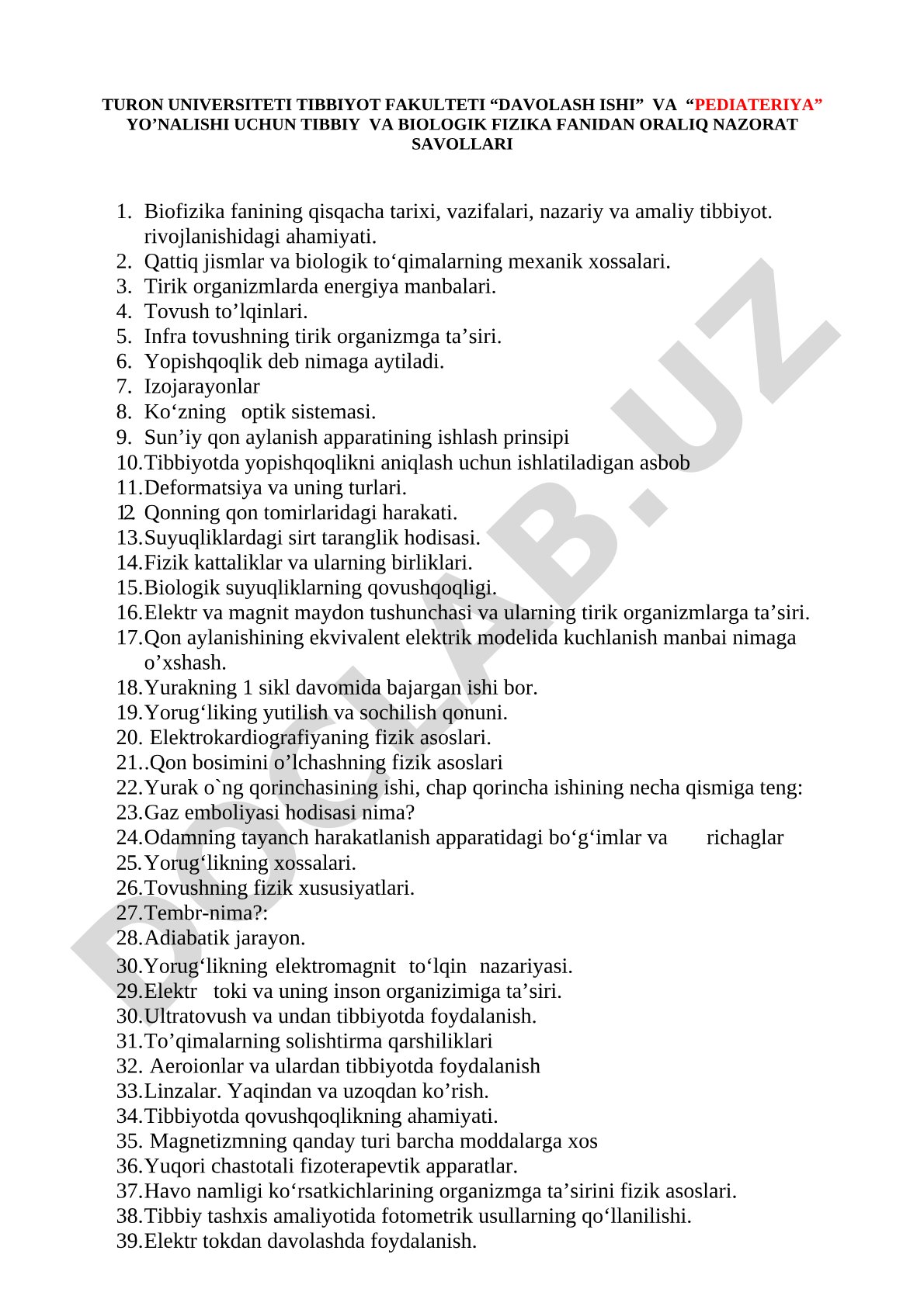 Tibbiy va biologik fizika fanidan oraliq nazorat savollari