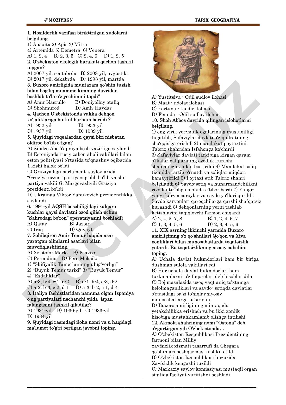 Tarix va geografiya fanidan test savollari