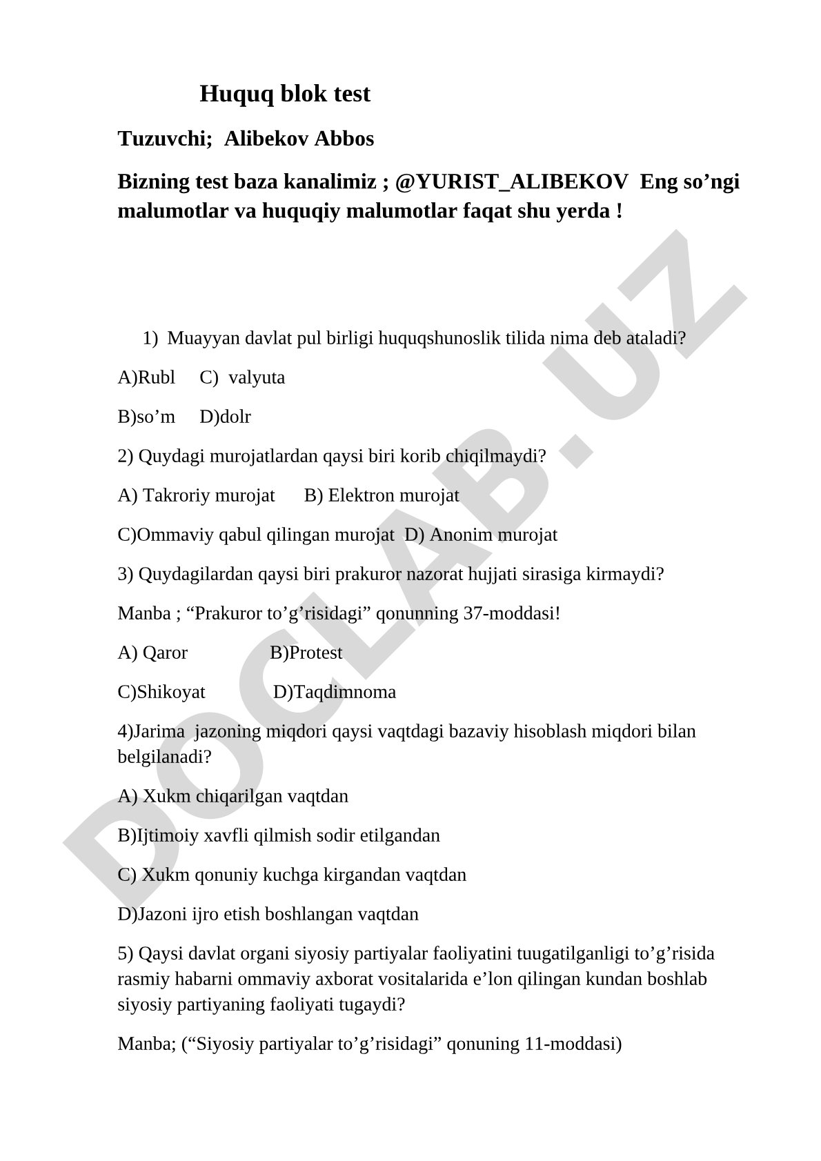 Huquq bo'yicha test savollari va javob variantlari