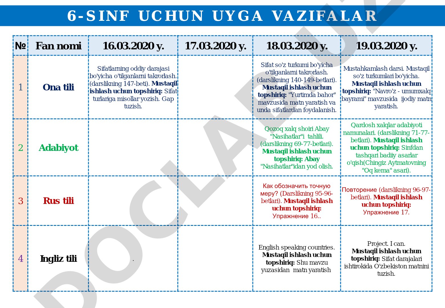 6-sinf uchun haftalik vazifalar