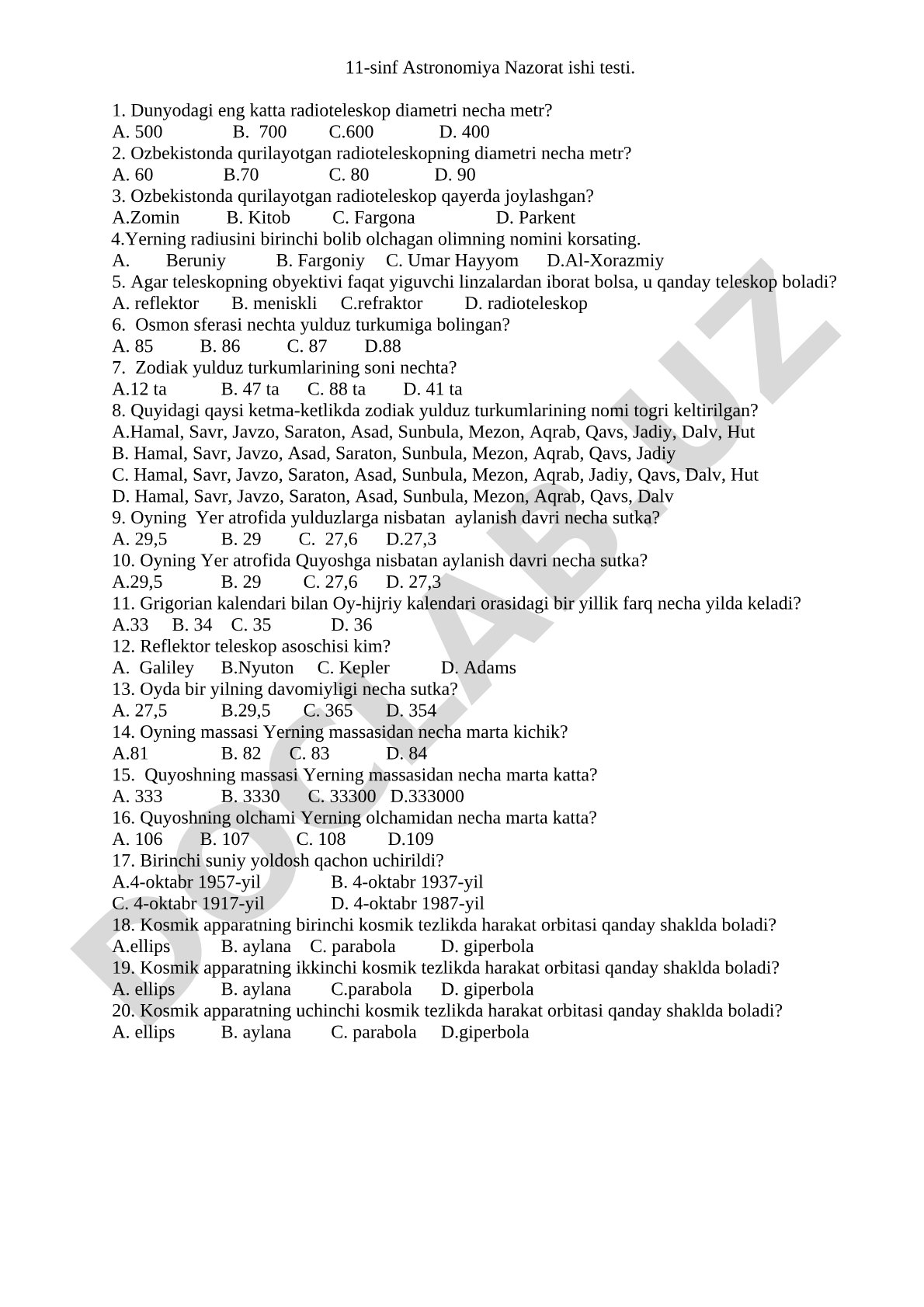 11-sinf Astronomiya Nazorat ishi testi