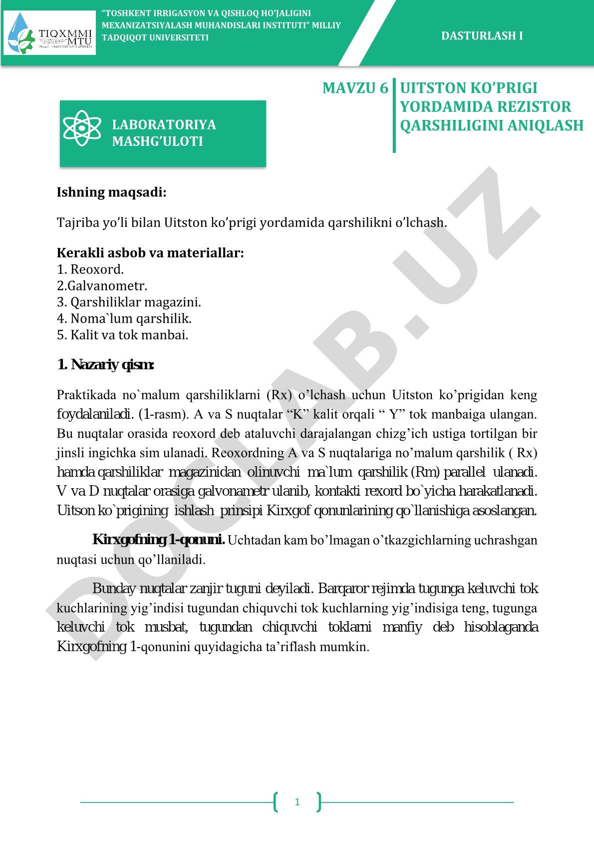 UITSTON KO’PRIGI YORDAMIDA REZISTOR QARSHILIGINI ANIQLASH
