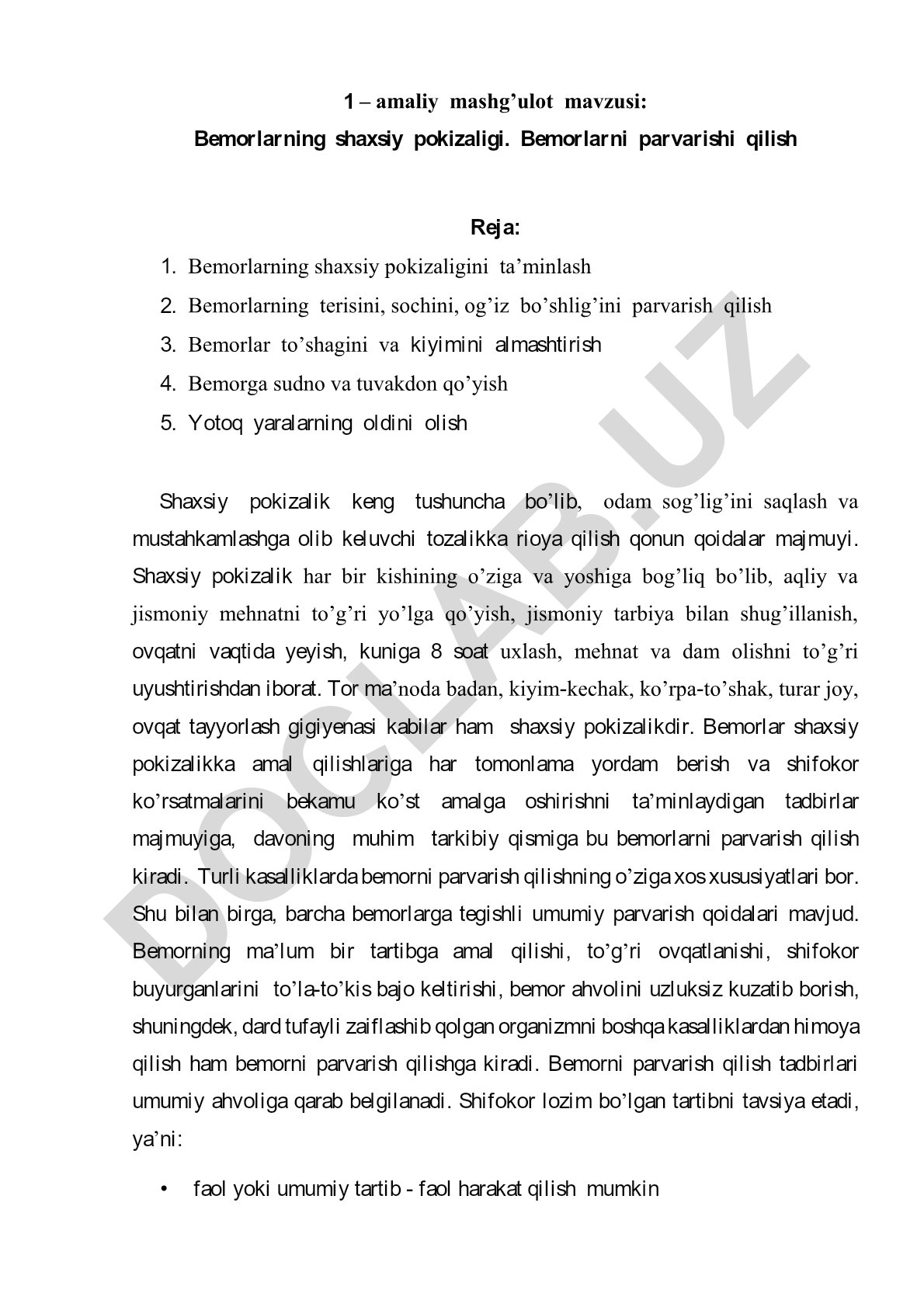 Bemorlarning shaxsiy pokizaligi va parvarish qilish
