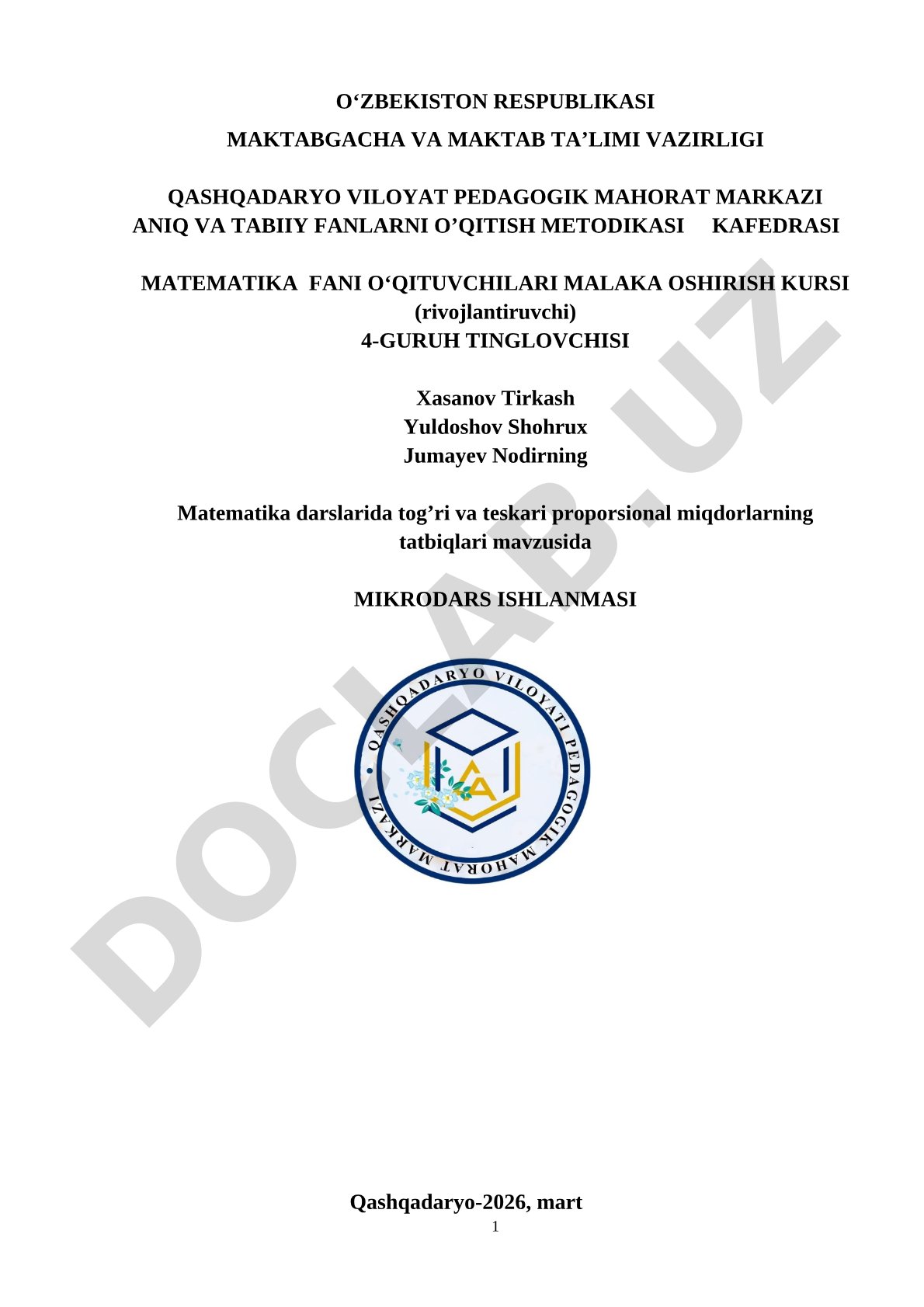 Matematika darslarida tog'ri va teskari proporsional miqdorlarning tatbiqlari