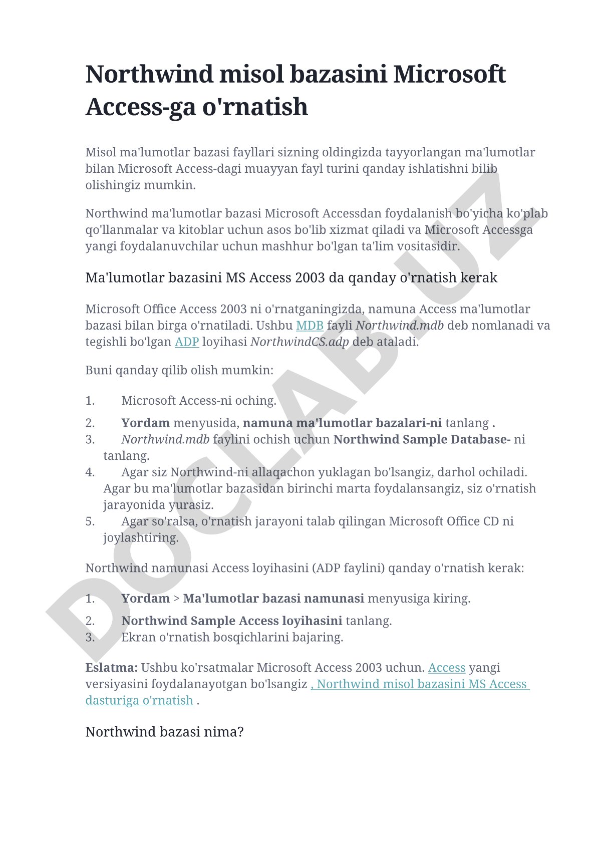 Northwind misol bazasini Microsoft Access-ga o'rnatish