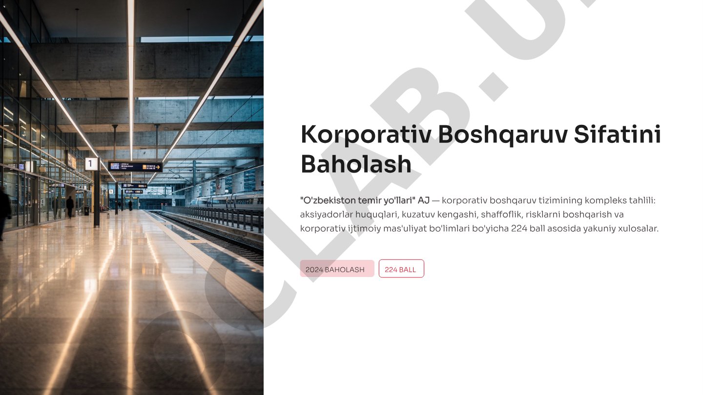 Korporativ Boshqaruv Sifatini Baholash O'zbekiston temir yo'llari AJ