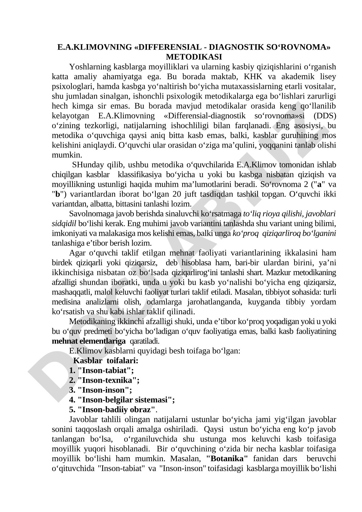 E.A. Klimovning «differensial-diagnostik so‘rovnoma» metodikasi