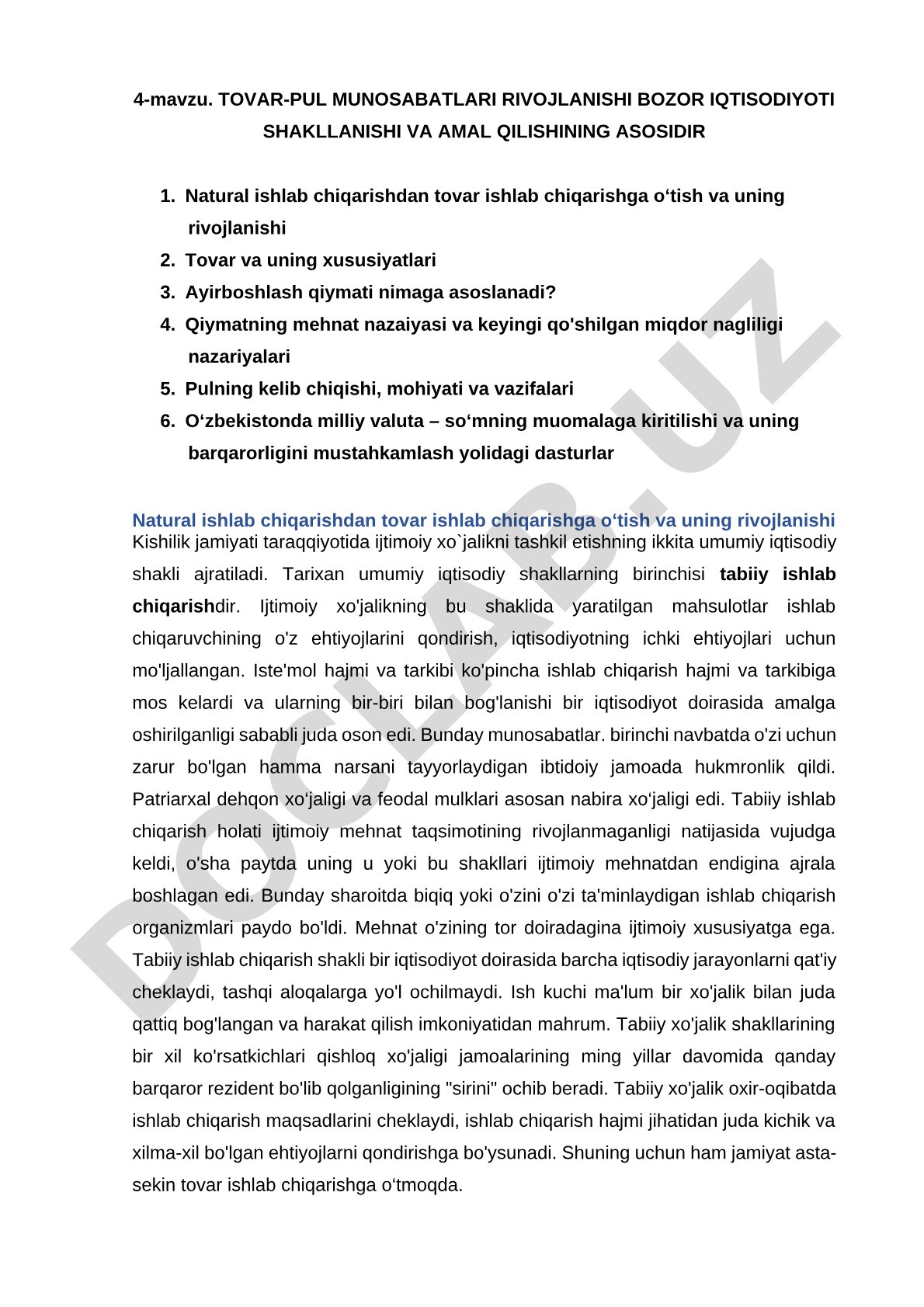 Tovar-pul munosabatlari rivojlanishi bozor iqtisodiyoti shakllanishi va amal qilishining asosidir