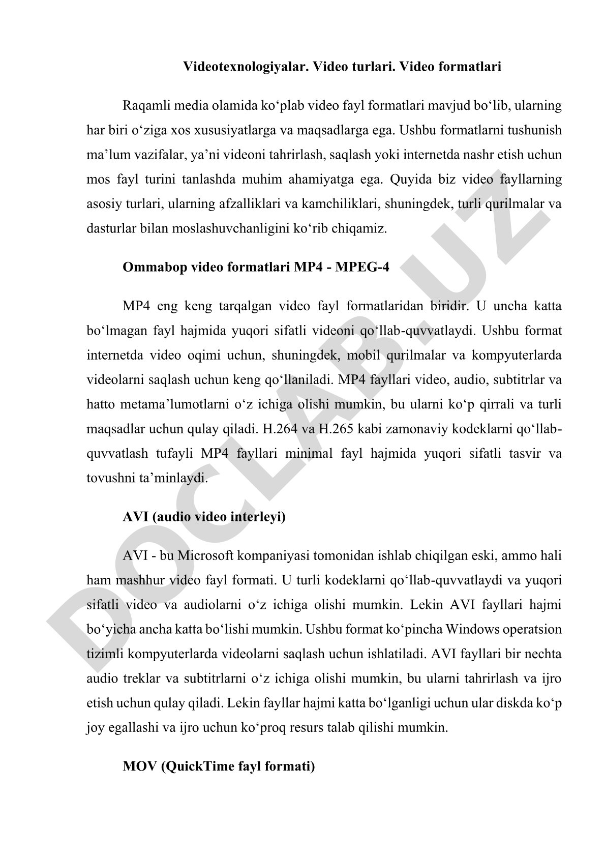 Videotexnologiyalar asoslari: video turlari va formatlari
