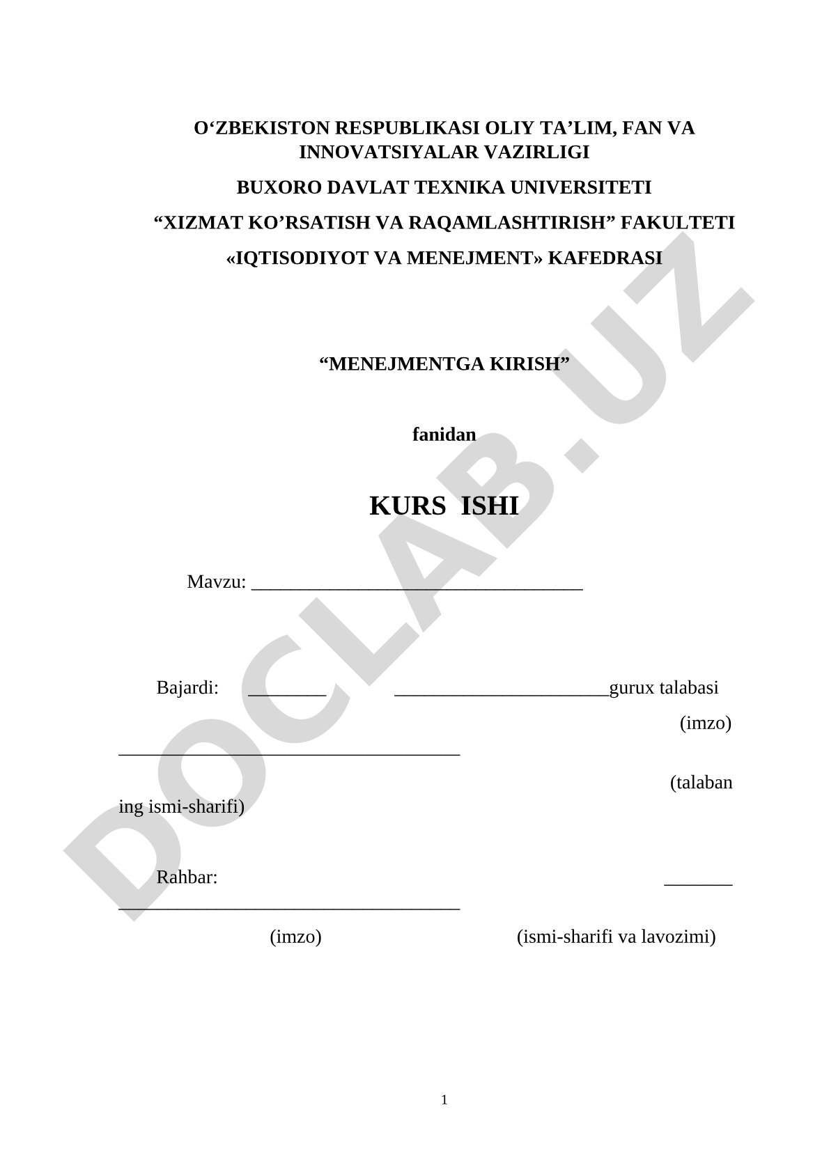Menejmentga kirish fanidan namunaviy shablon