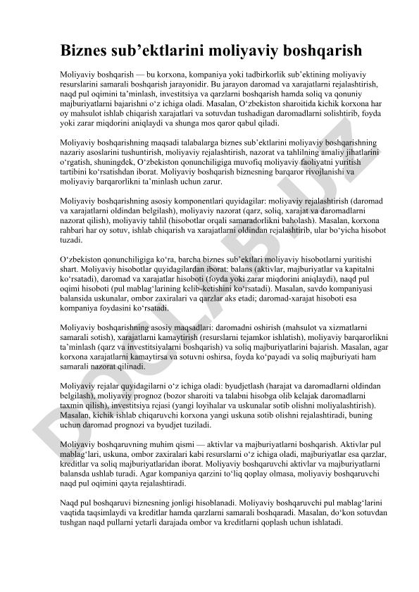Biznes sub’ektlarini moliyaviy boshqarish