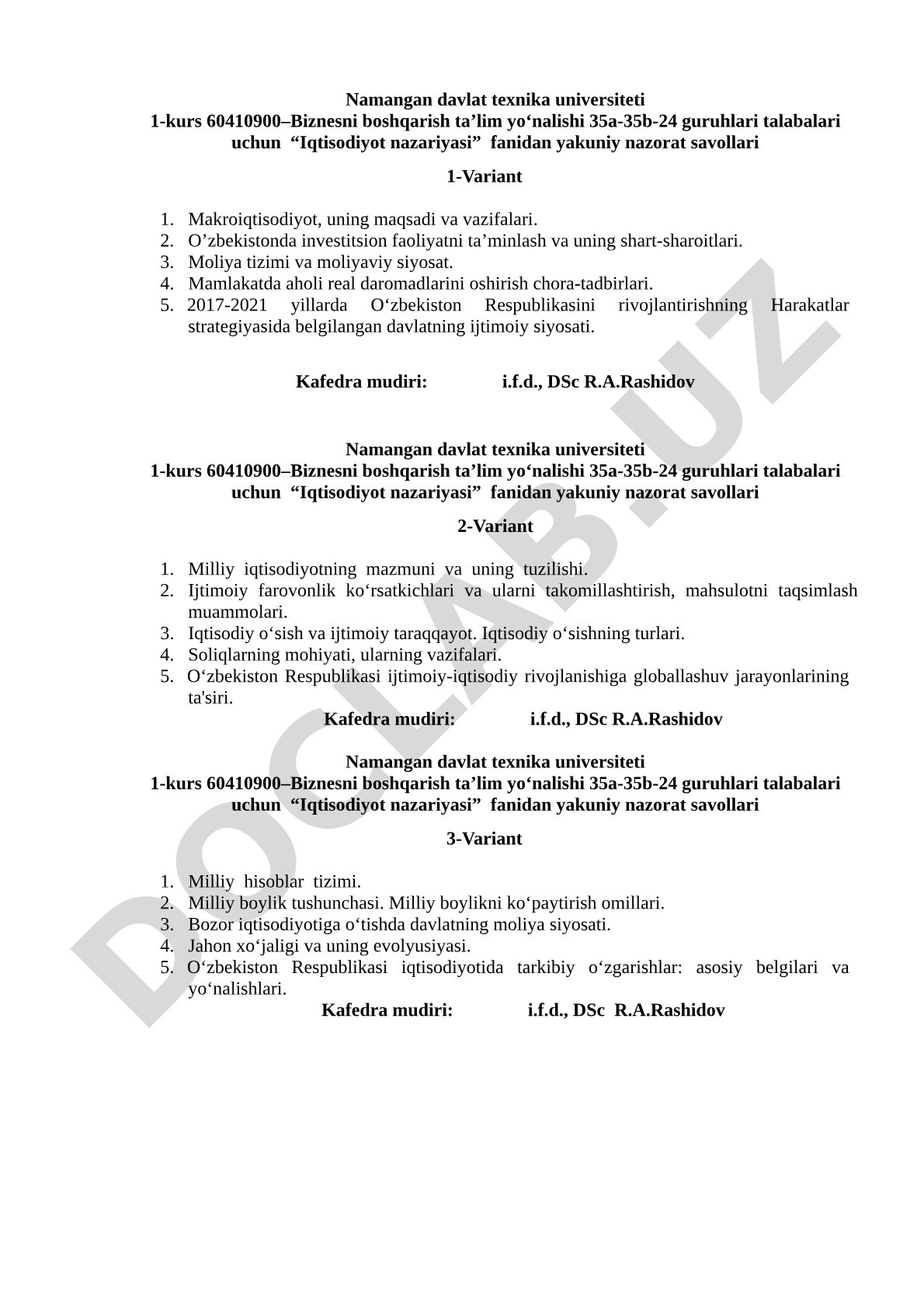 Iqtisodiyot nazariyasi fanidan yakuniy nazorat savollari