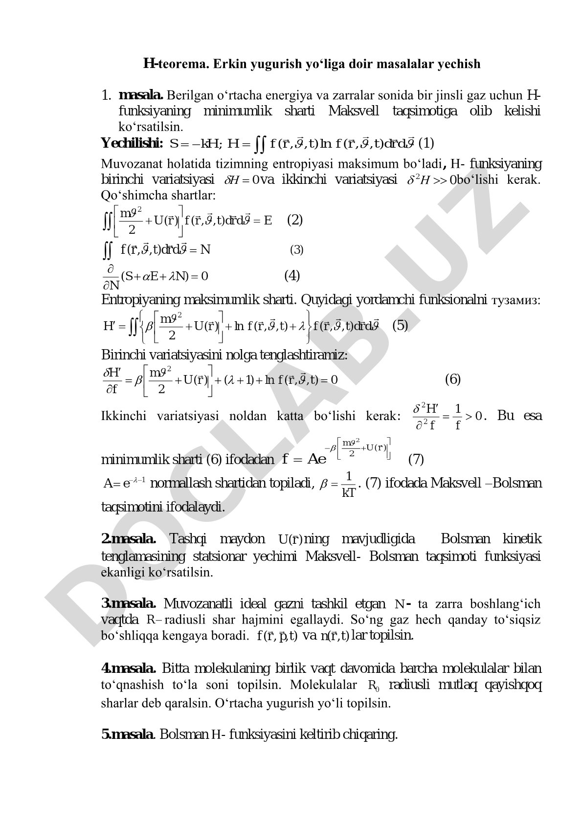 H-teorema. Erkin yugurish yo'liga doir masalalar yechish