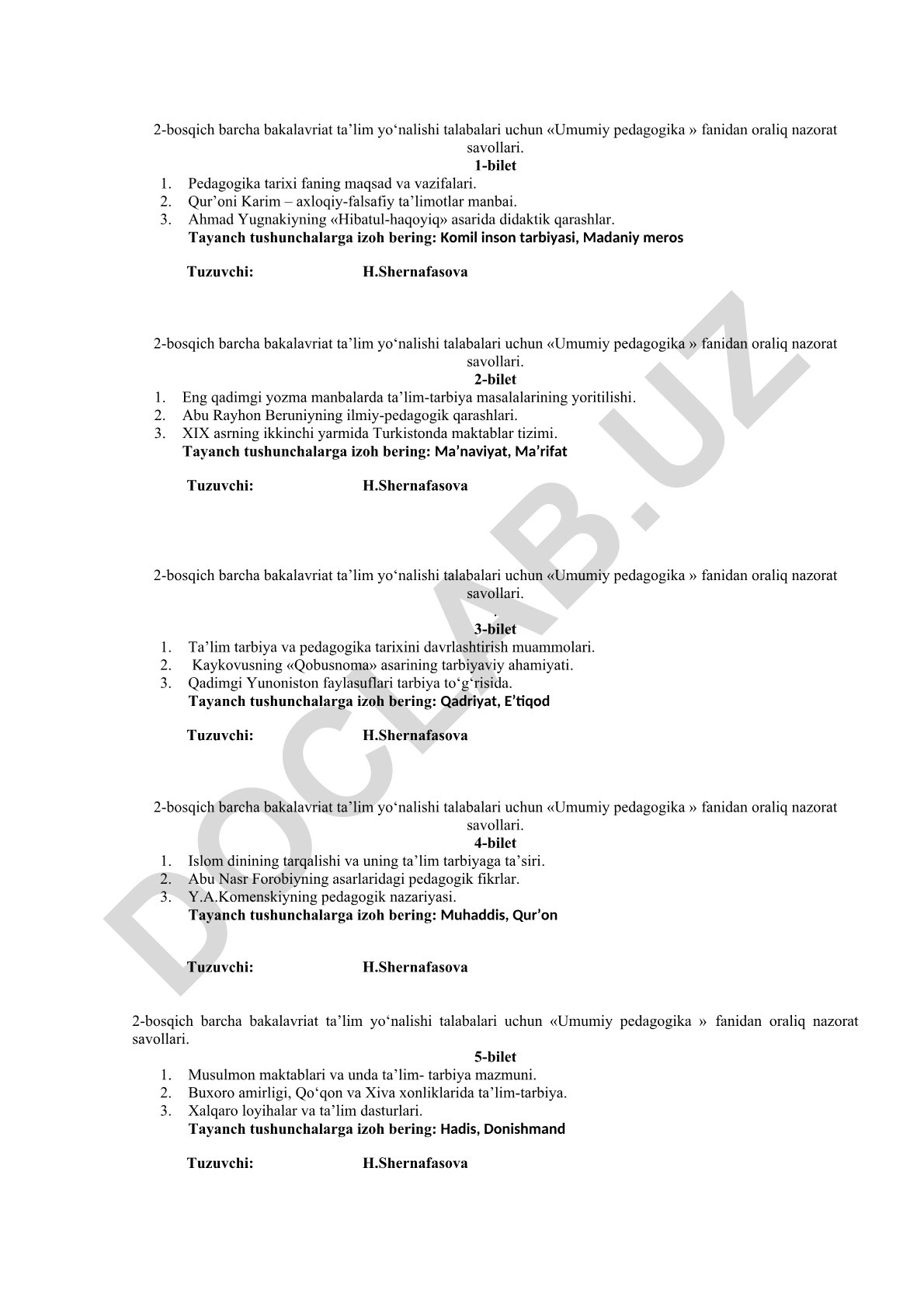 Umumiy pedagogika fanidan oraliq nazorat savollari