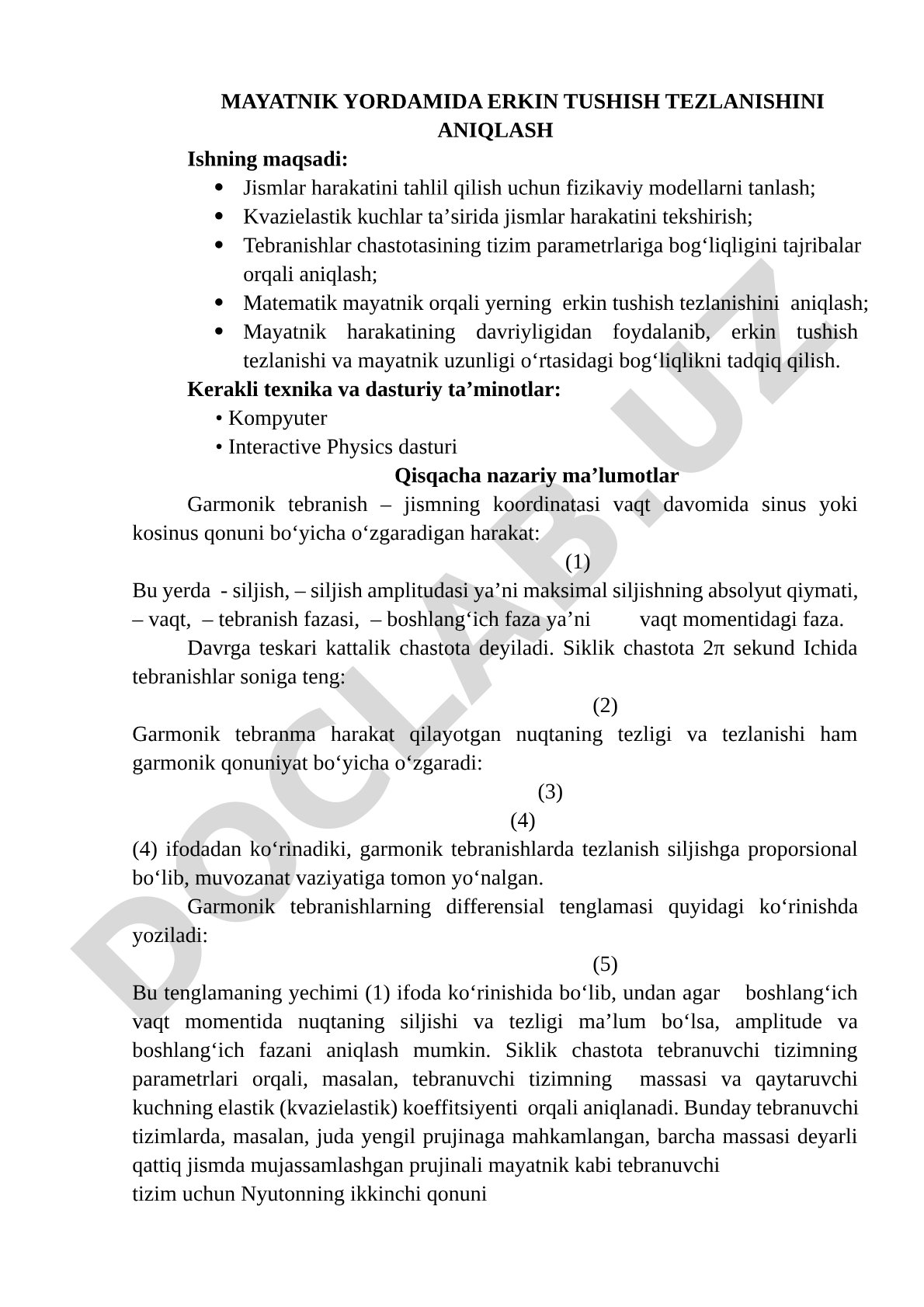 Mayatnik yordamida erkin tushish tezlanishini aniqlash