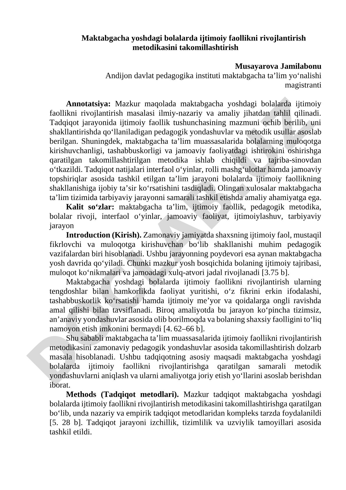 Maktabgacha yoshdagi bolalarda ijtimoiy faollikni rivojlantirish metodikasini takomillashtirish