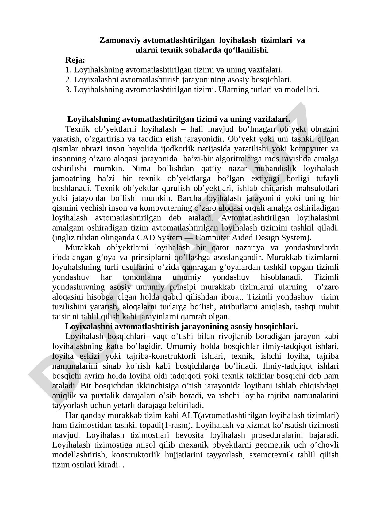 Zamonaviy avtomatlashtirilgan loyihalash tizimlari va ularni texnik sohalarda qo‘llanilishi