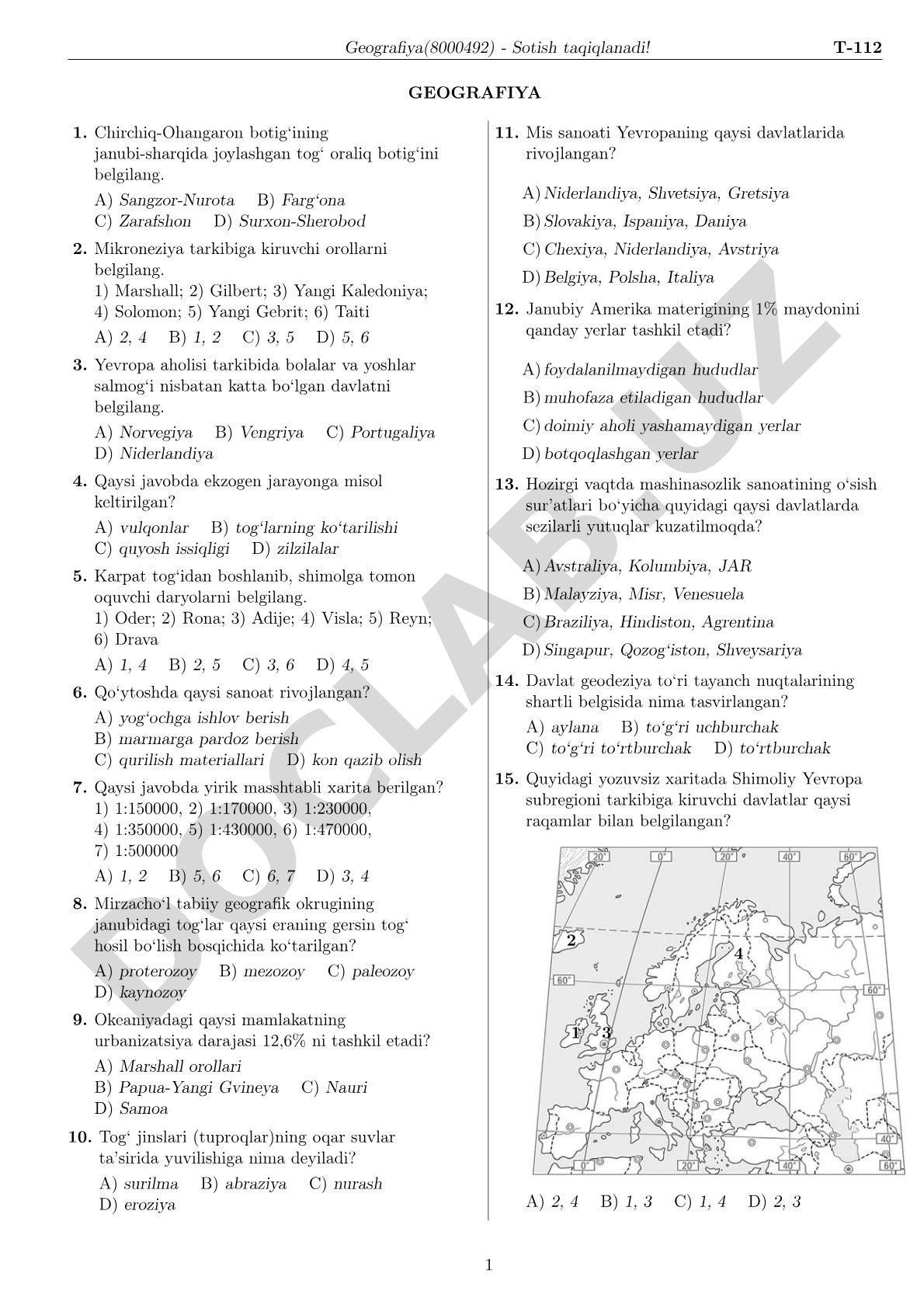 Geografiya test savollari