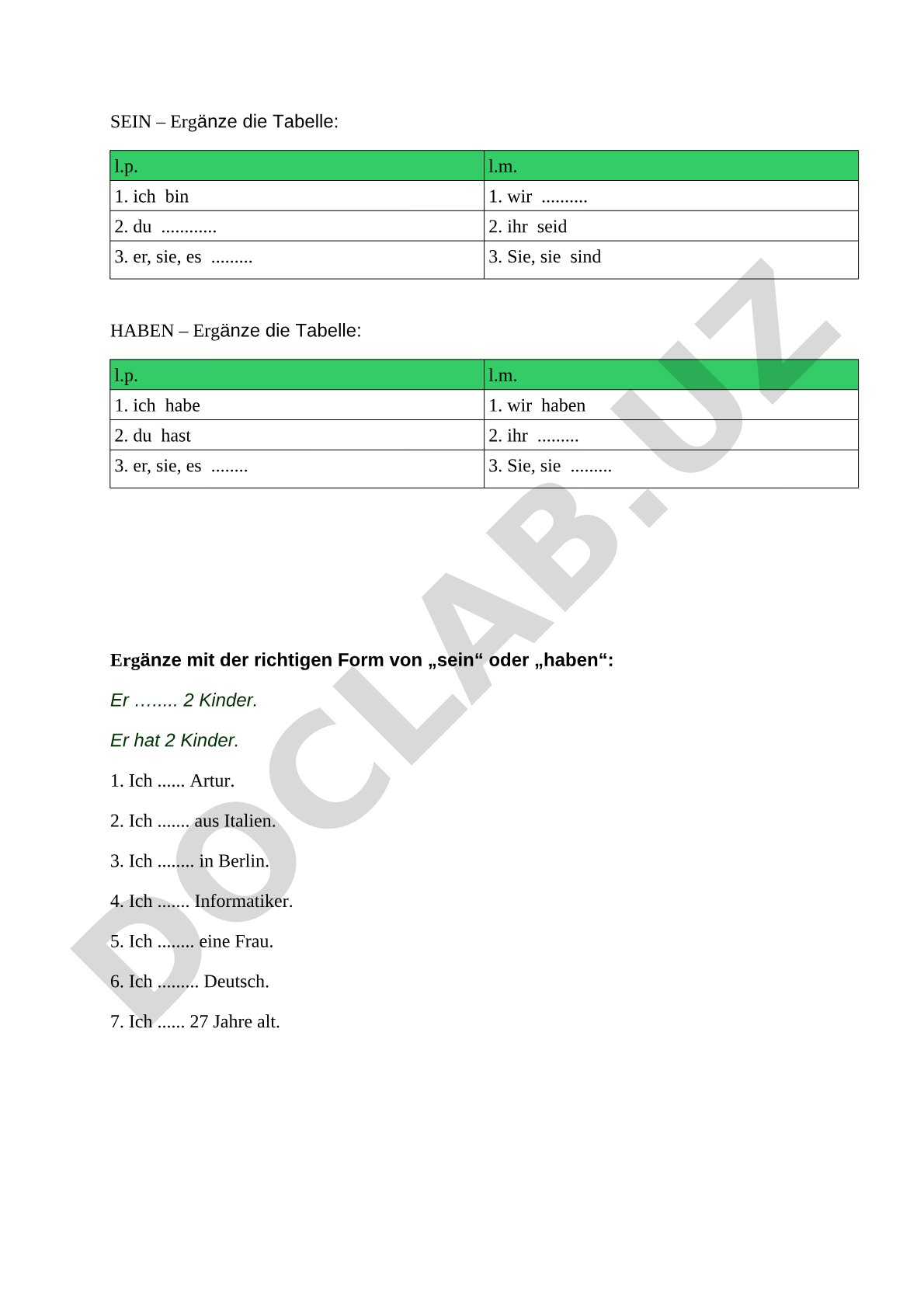 Übung zu sein, haben und Personalpronomen