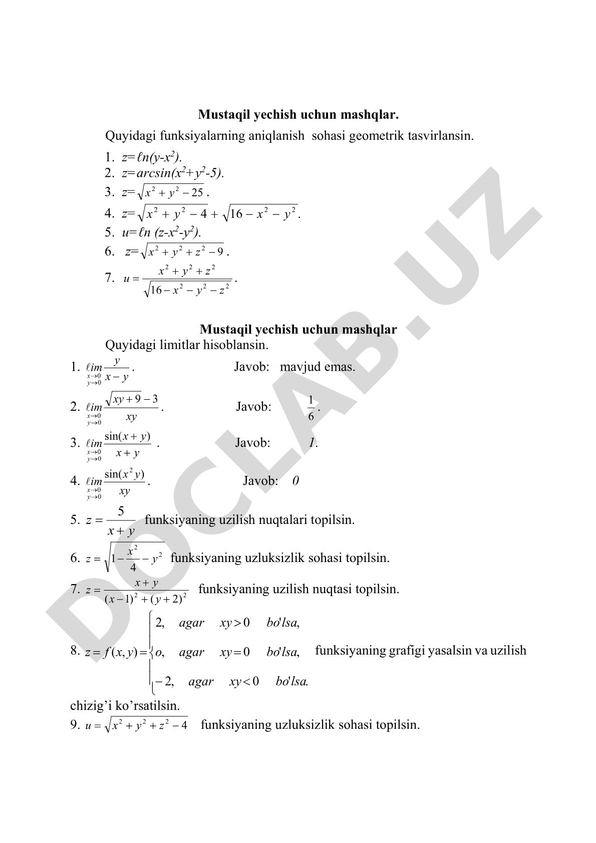 Funksiyalar, limitlar va uzluksizlikka oid mashqlar