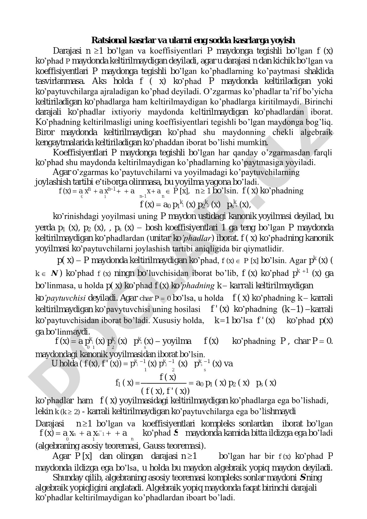 Ratsional kasrlar va ularni eng sodda kasrlarga yoyish
