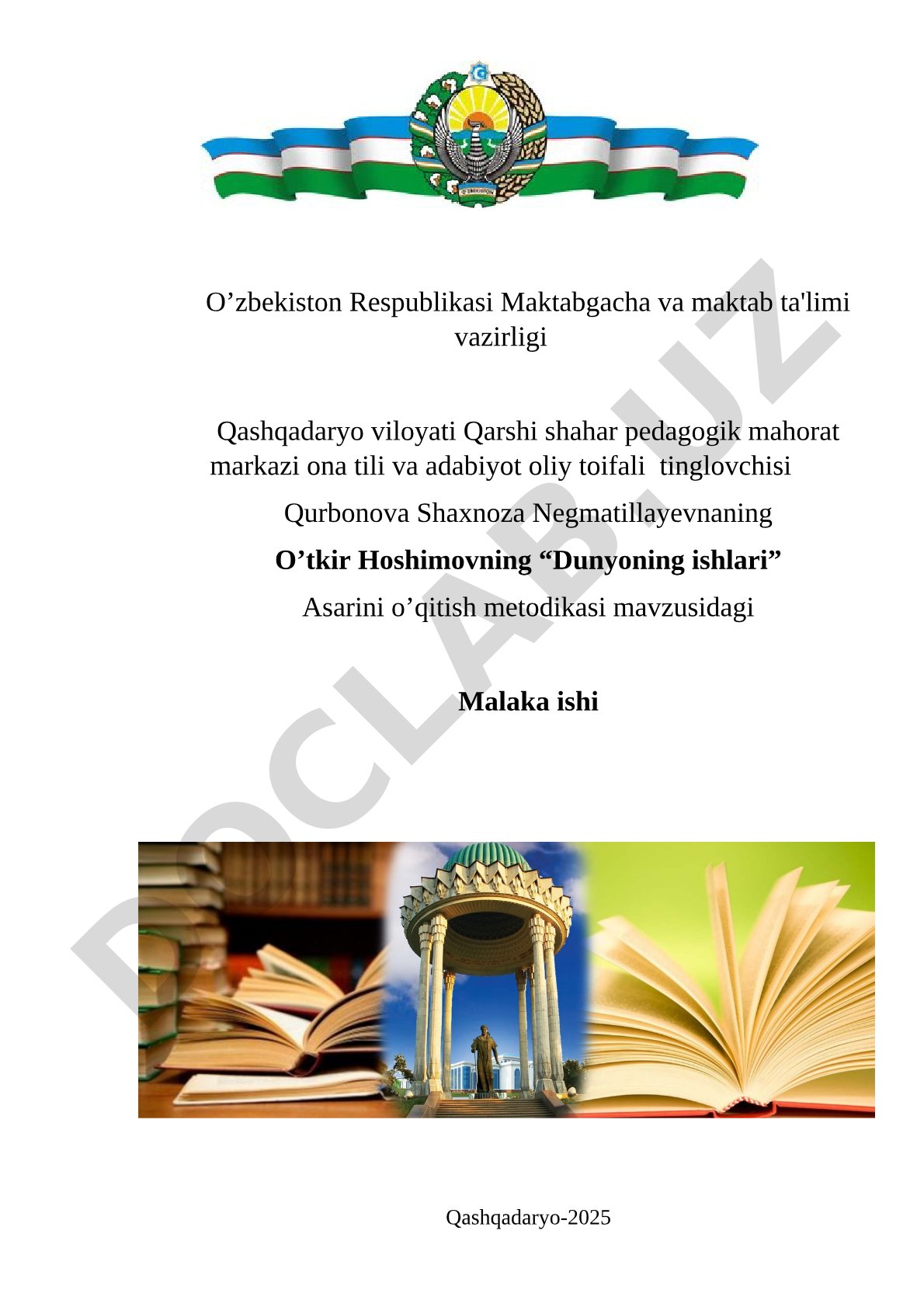 O’tkir Hoshimovning “Dunyoning ishlari” Asarini o’qitish metodikasi