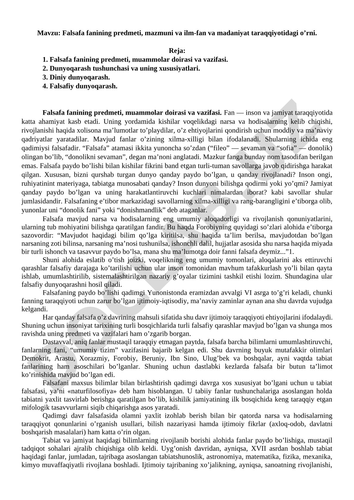 Falsafa fanining predmeti, mazmuni va ilm-fan va madaniyat taraqqiyotidagi o’rni