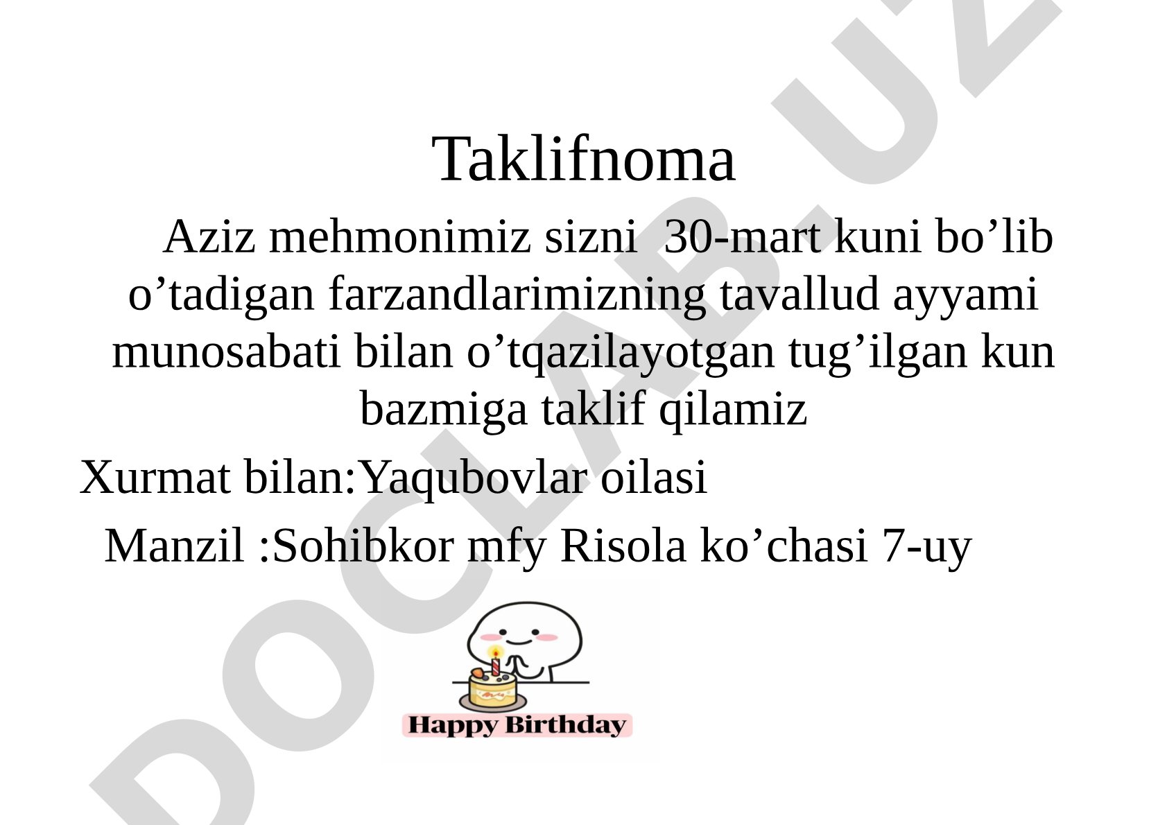Farzandlarning tug'ilgan kun bazmiga taklifnoma, manzil bilan