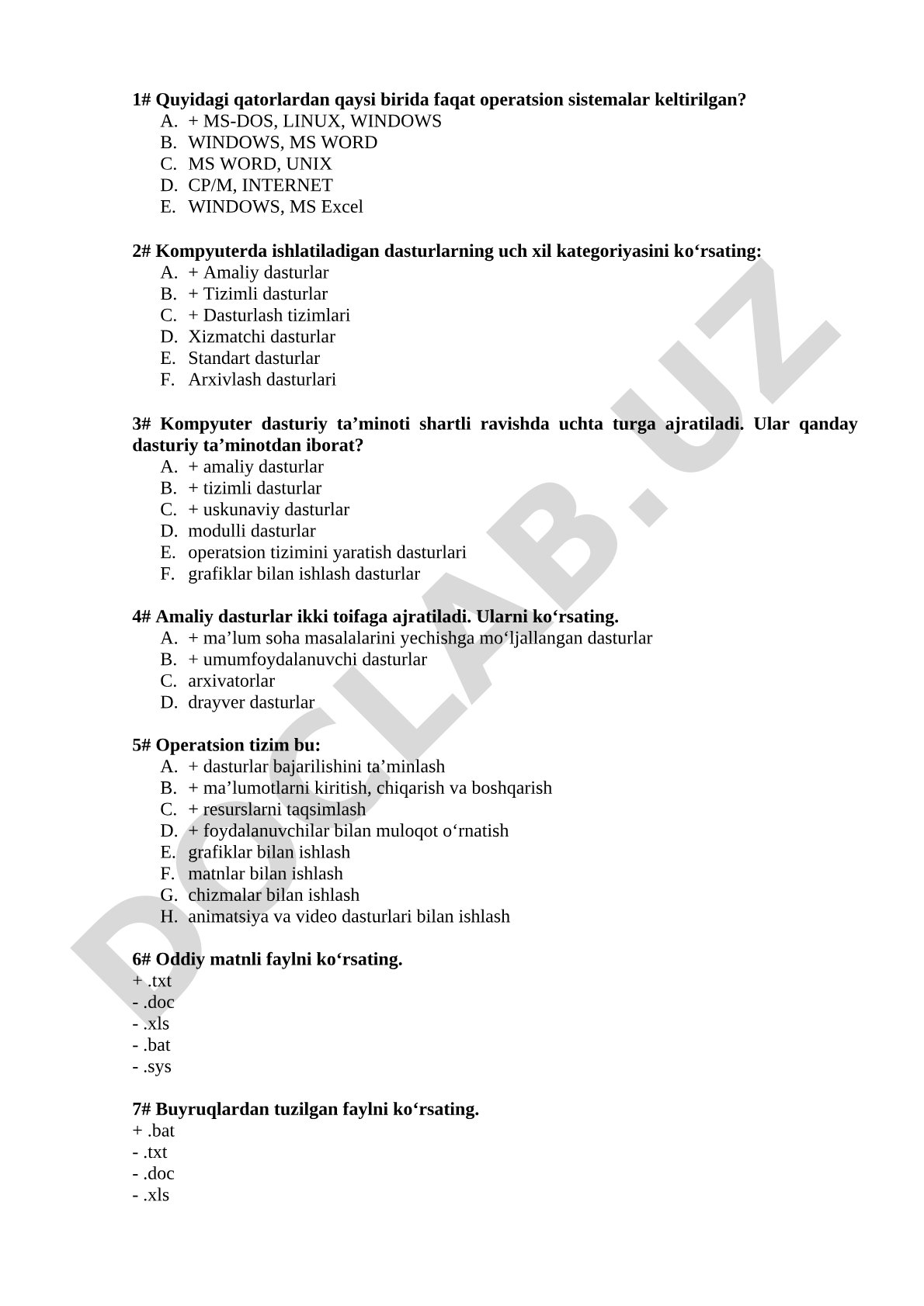 Operatsion tizimlar va dasturiy ta'minot test savollari