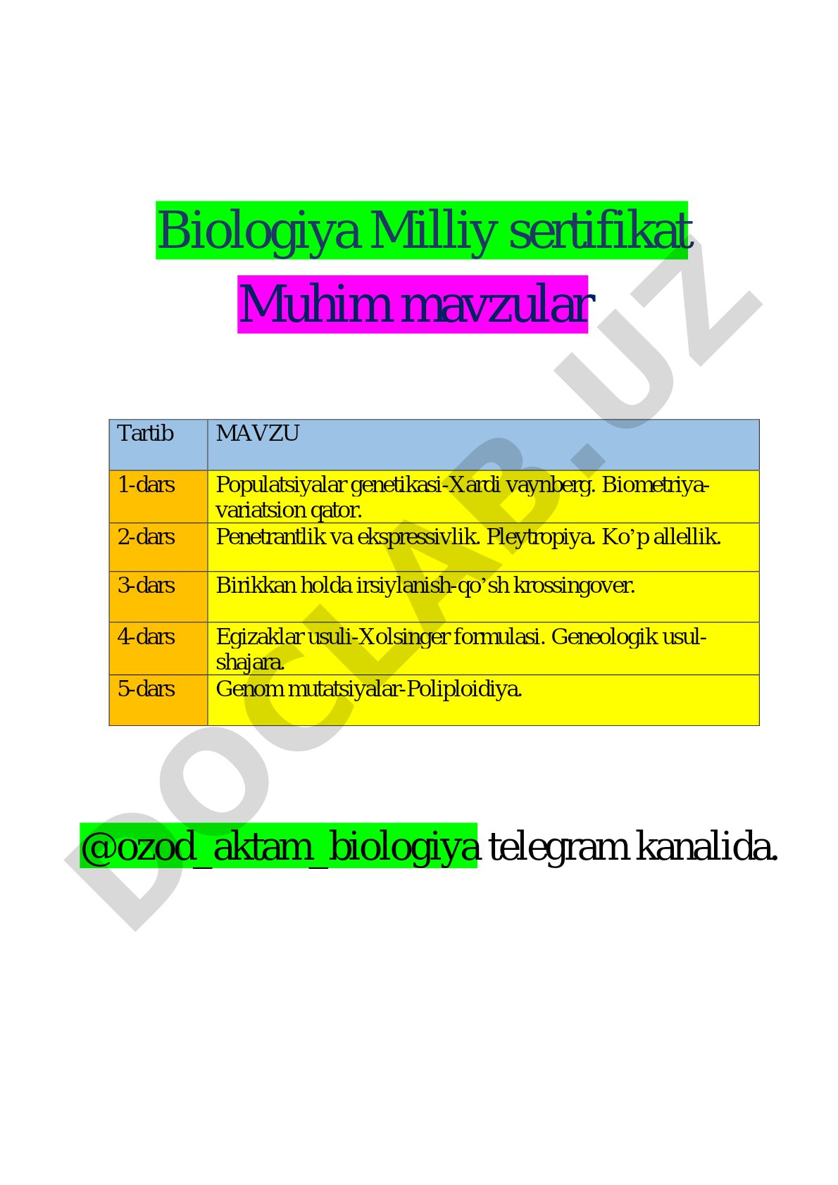 Biologiya Milliy sertifikat muhim mavzular