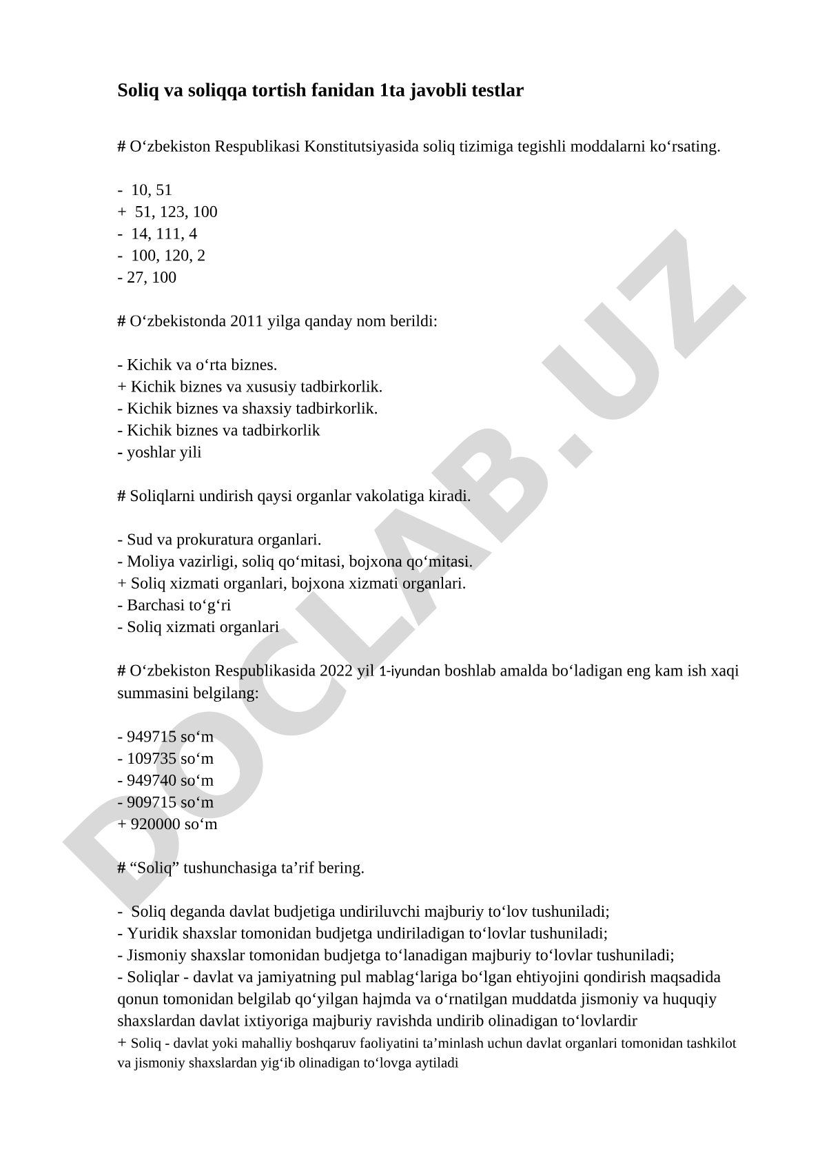 Soliq va soliqqa tortish fanidan testlar