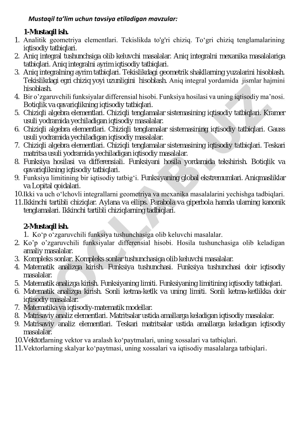 Mustaqil ta'lim uchun matematika mavzulari