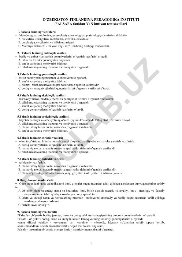 Falsafa fanidan test savollari