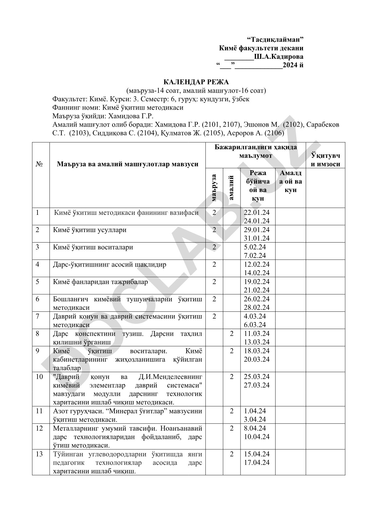 Кимё ўқитиш методикаси календар режаси