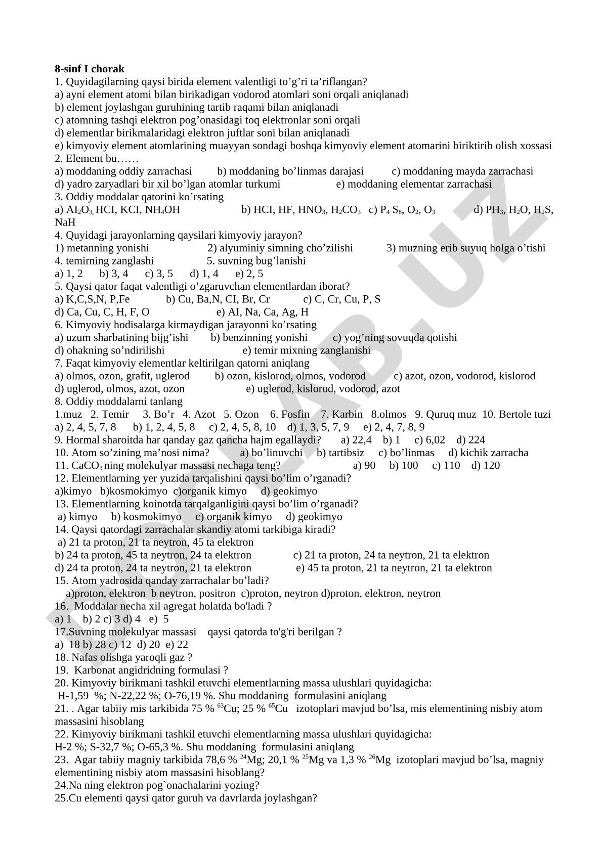 8-sinf kimyo fanidan I chorak test savollari