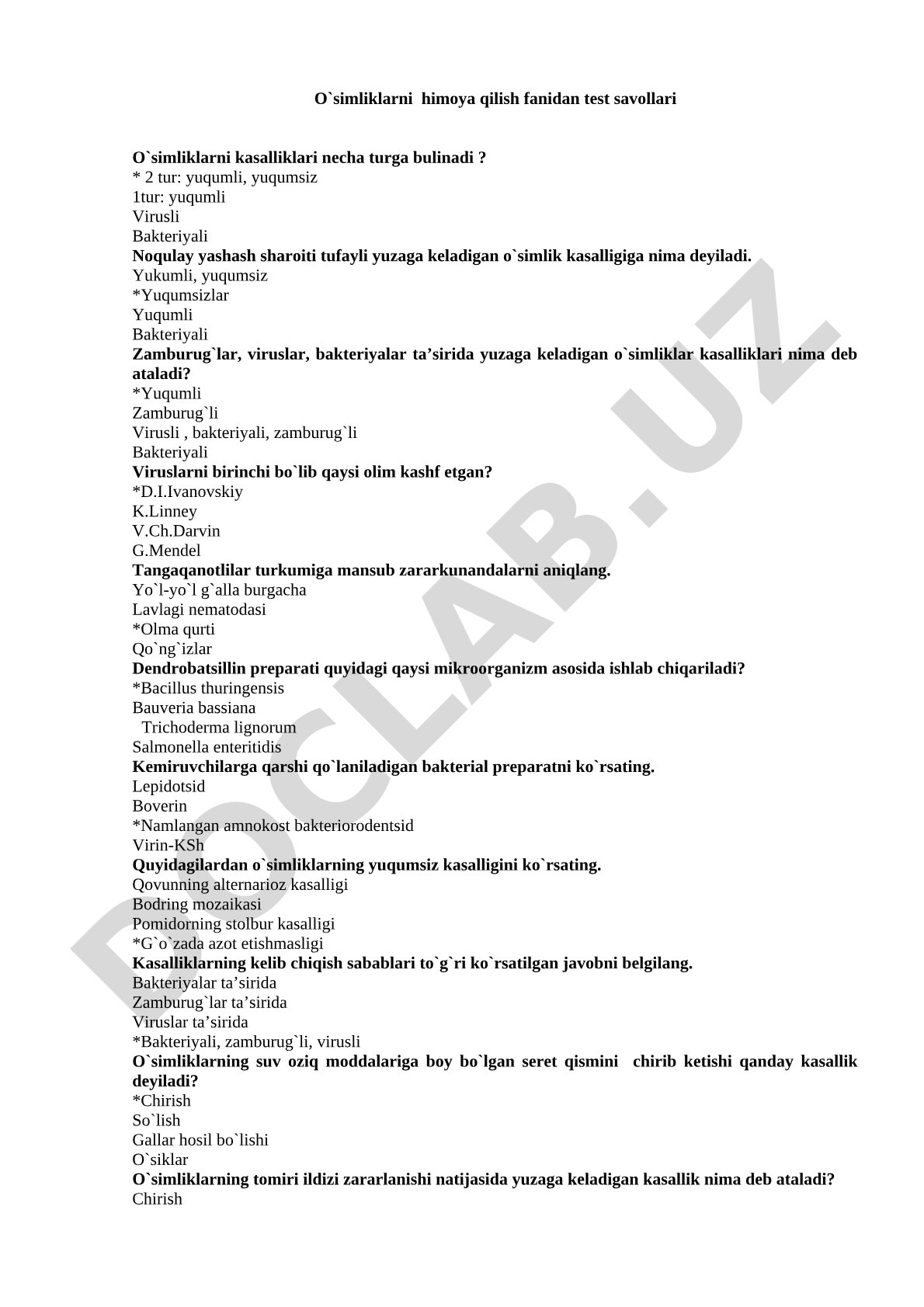 O'simliklarni himoya qilish fanidan test savollari