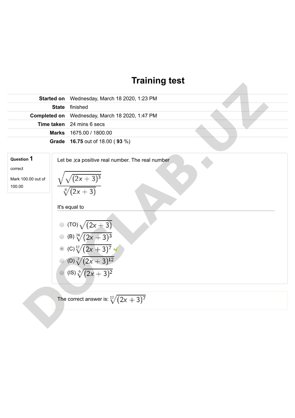 Math training test with multiple choice questions
