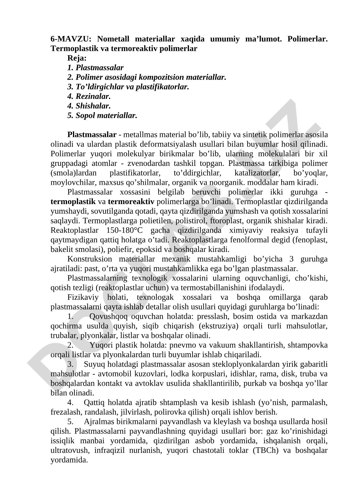 Nometall materiallar haqida umumiy ma'lumot. Polimerlar. Termoplastik va termoreaktiv polimerlar