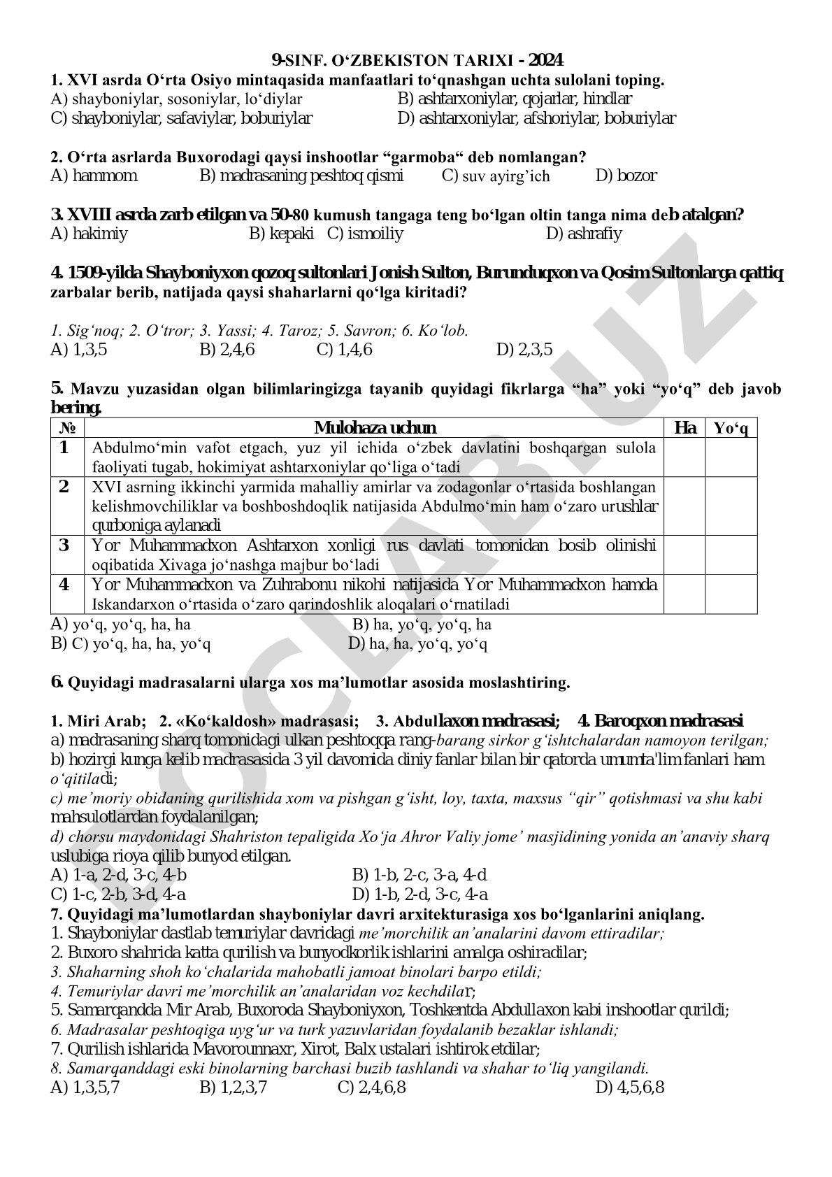9-sinf O'zbekiston tarixi - 2024