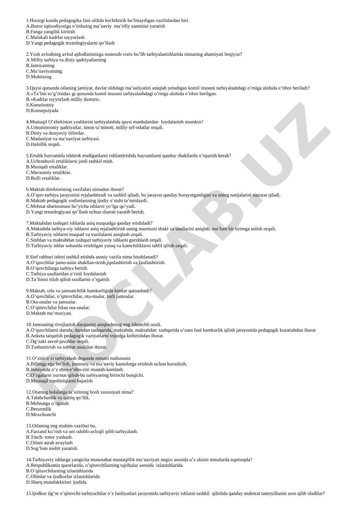 Pedagogika fanidan test savollari
