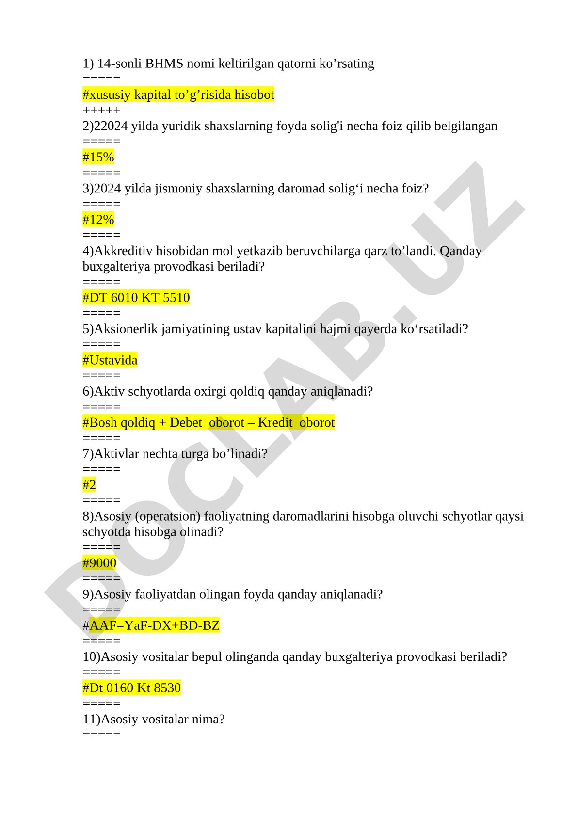 Buxgalteriya hisobi va soliq masalalari bo'yicha savol-javoblar