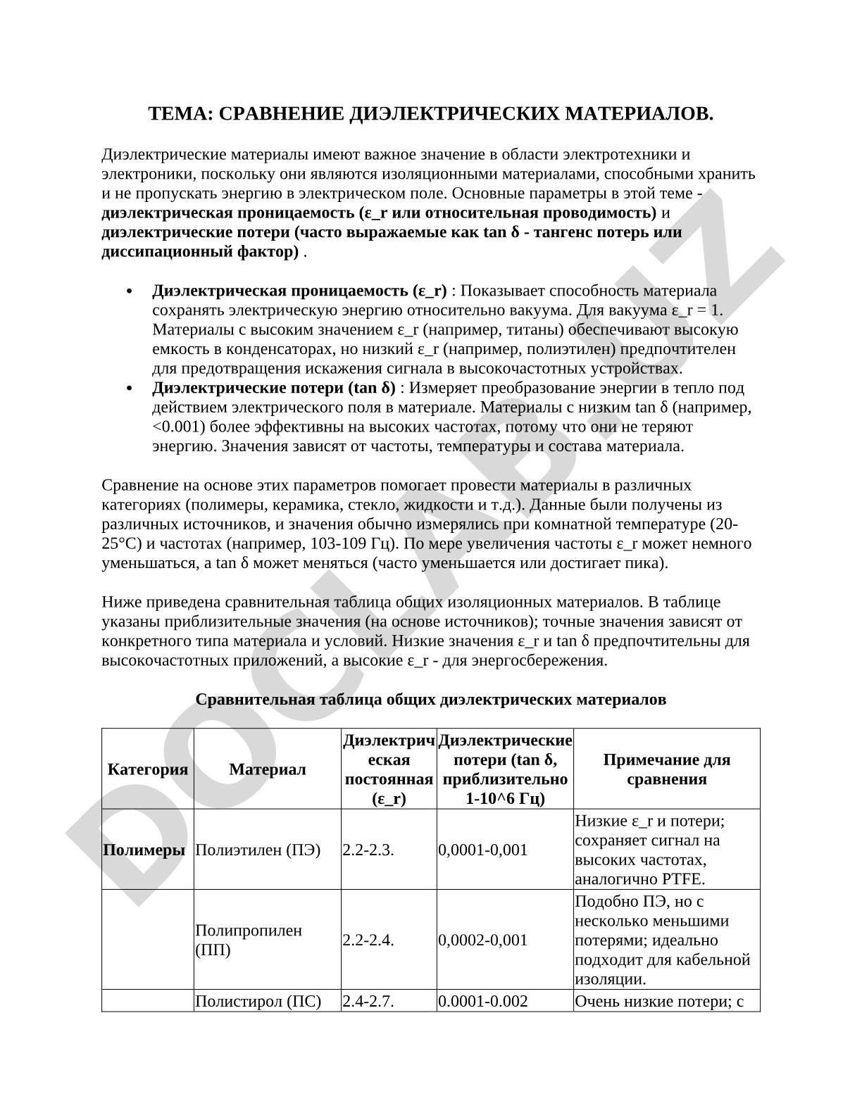 Сравнение диэлектрических материалов