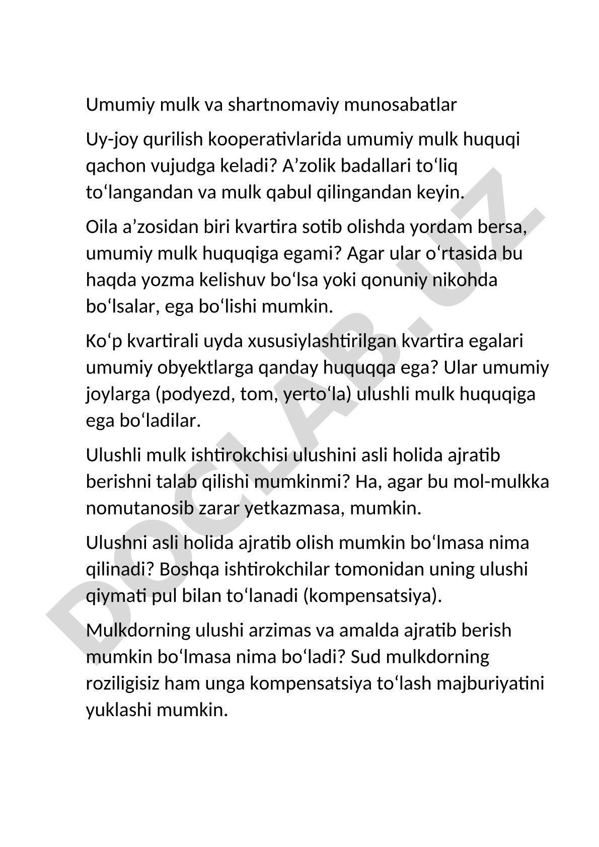 Umumiy mulk va shartnomaviy munosabatlar