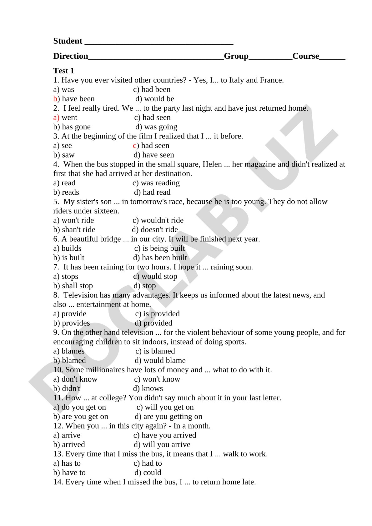 English Grammar Test 1 for Students
