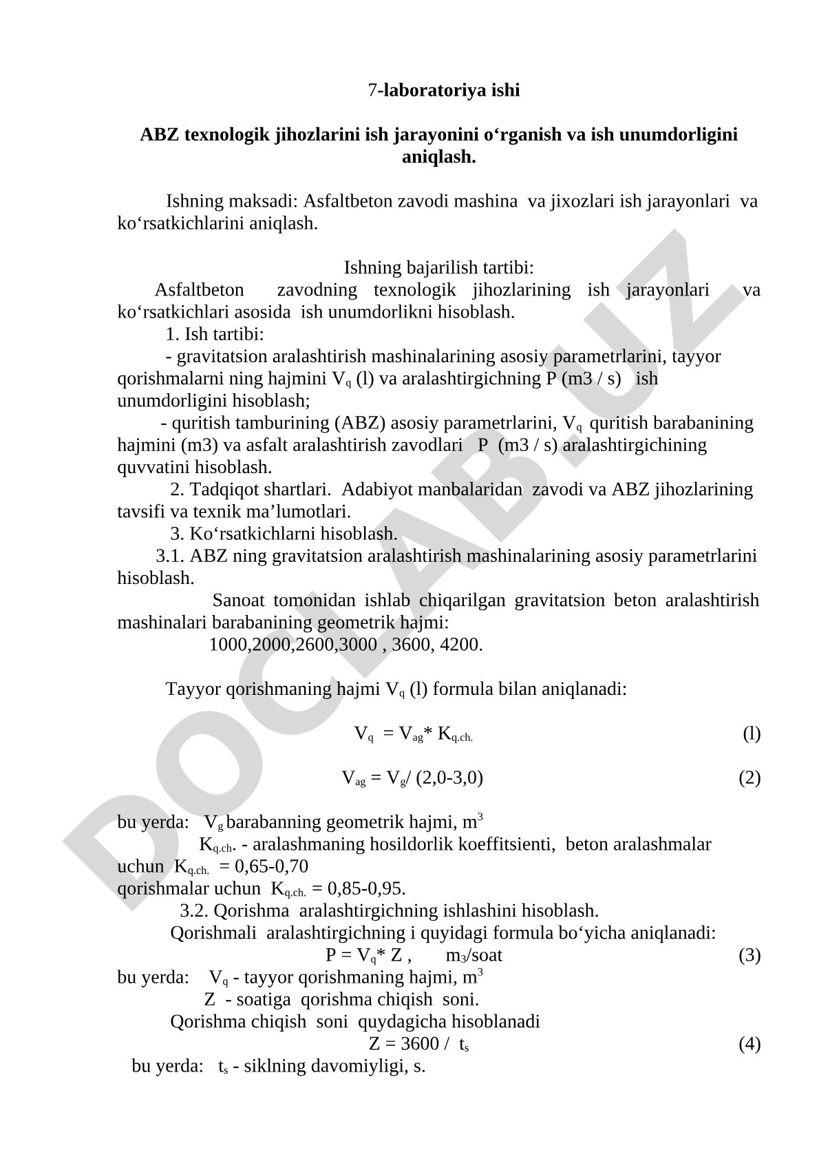 ABZ texnologik jihozlarini ish jarayonini o‘rganish va ish unumdorligini aniqlash
