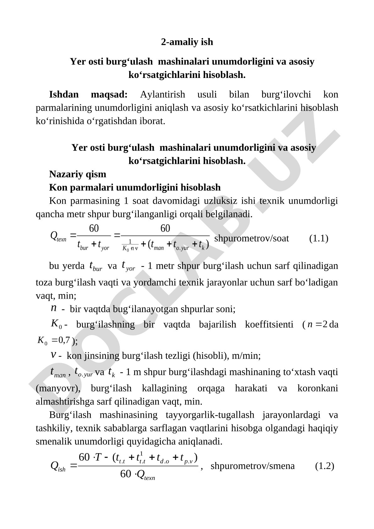 Yer osti burg‘ulash mashinalari unumdorligini va asosiy ko‘rsatgichlarini hisoblash