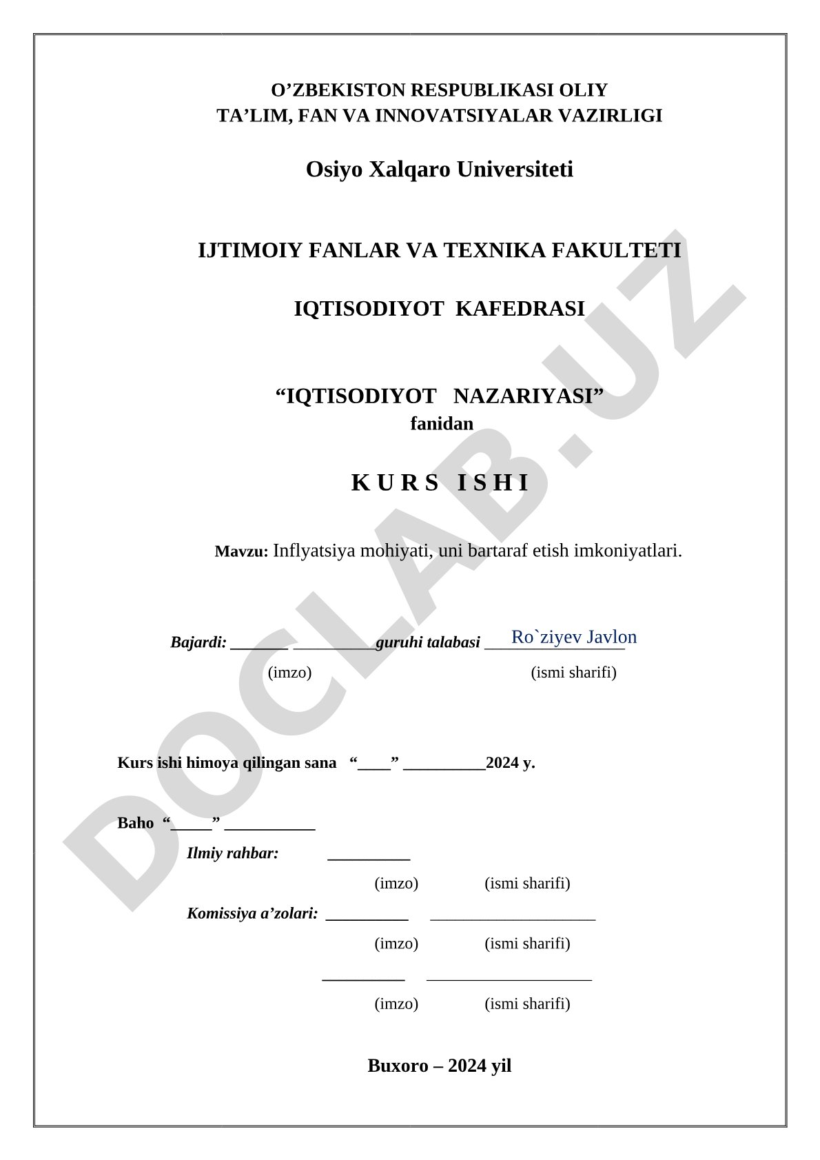 Inflyatsiya mohiyati, uni bartaraf etish imkoniyatlari.