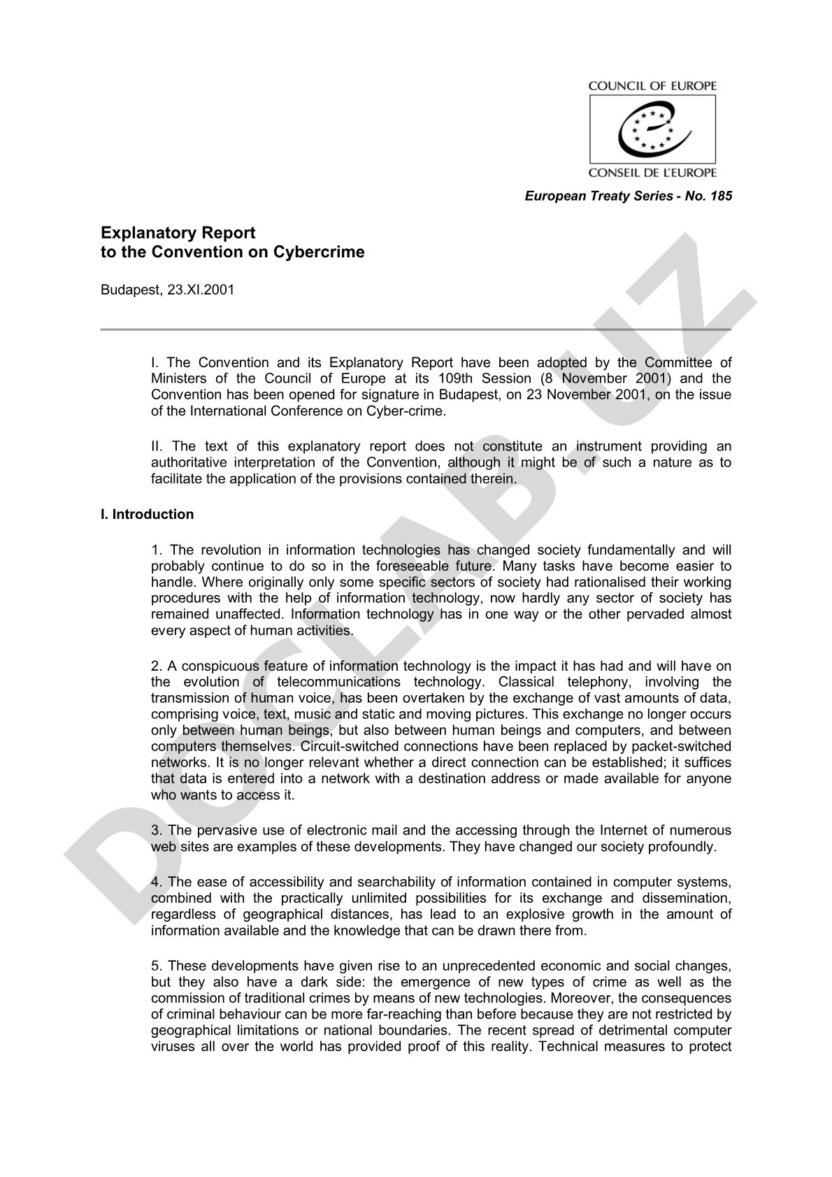 Explanatory Report to the Convention on Cybercrime